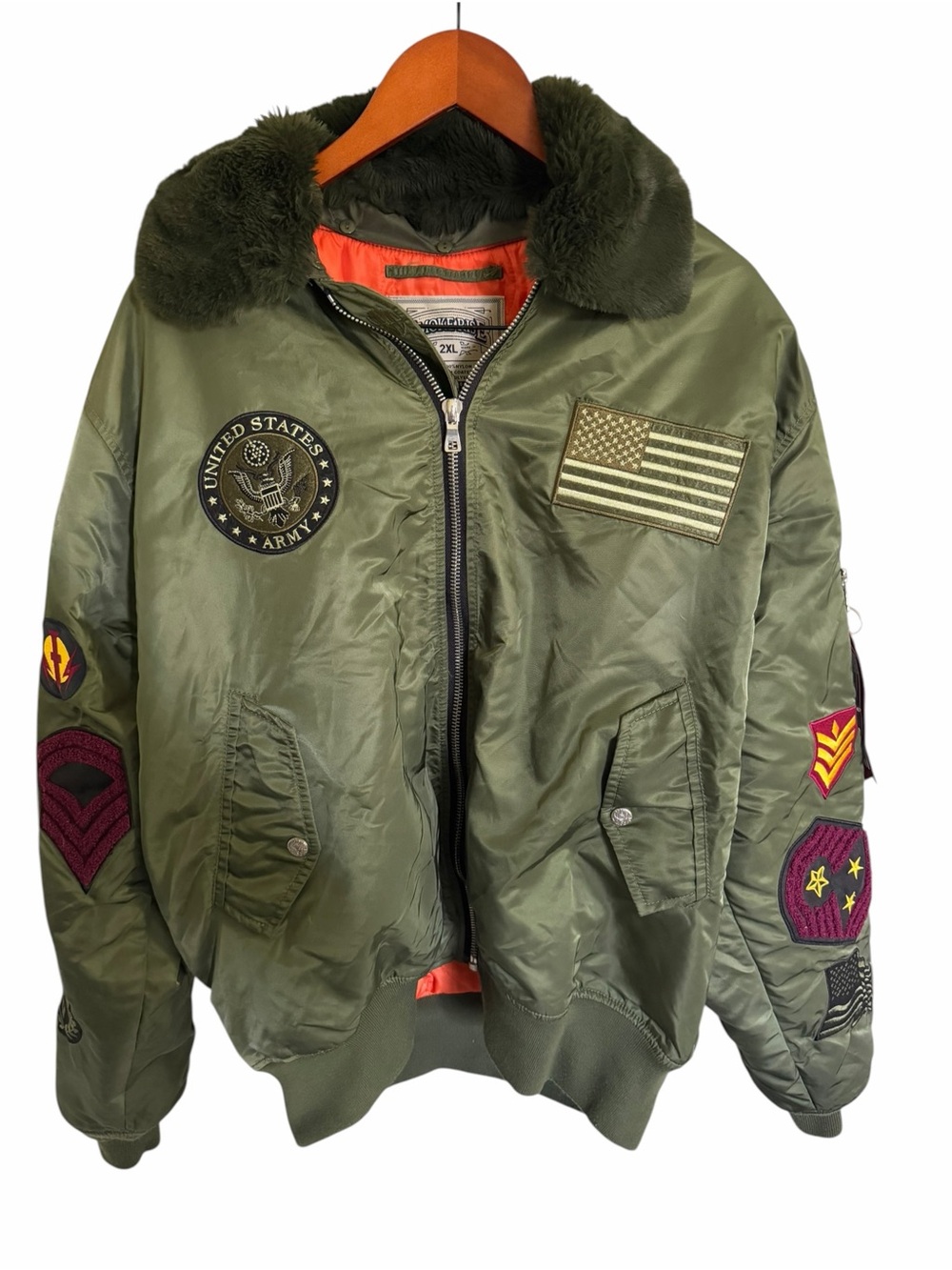 Utility Patch Bomber Jacket with Faux Fur Collar - Olive - Picture 2 of 10